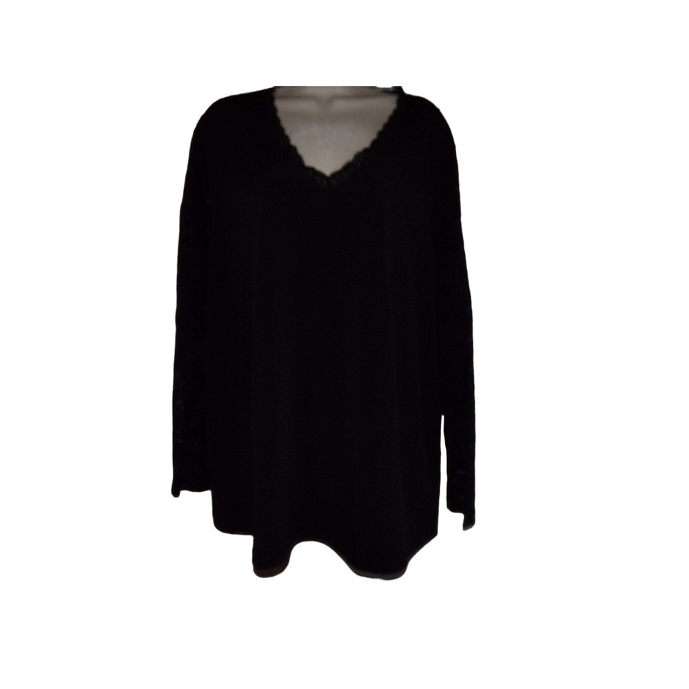 Susan Graver Liquid Knit black v neck lace trimmed top 2X long lace sleeves